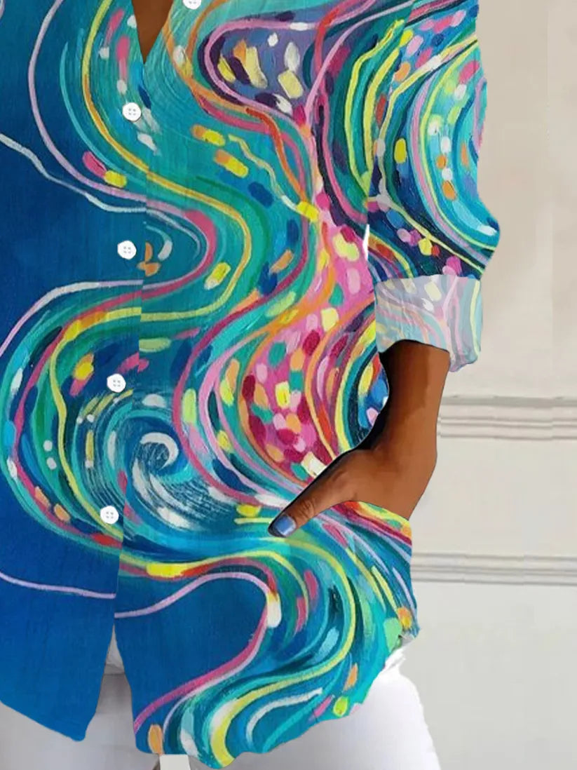 Aya – Abstract Watercolor Blouse with Button Front